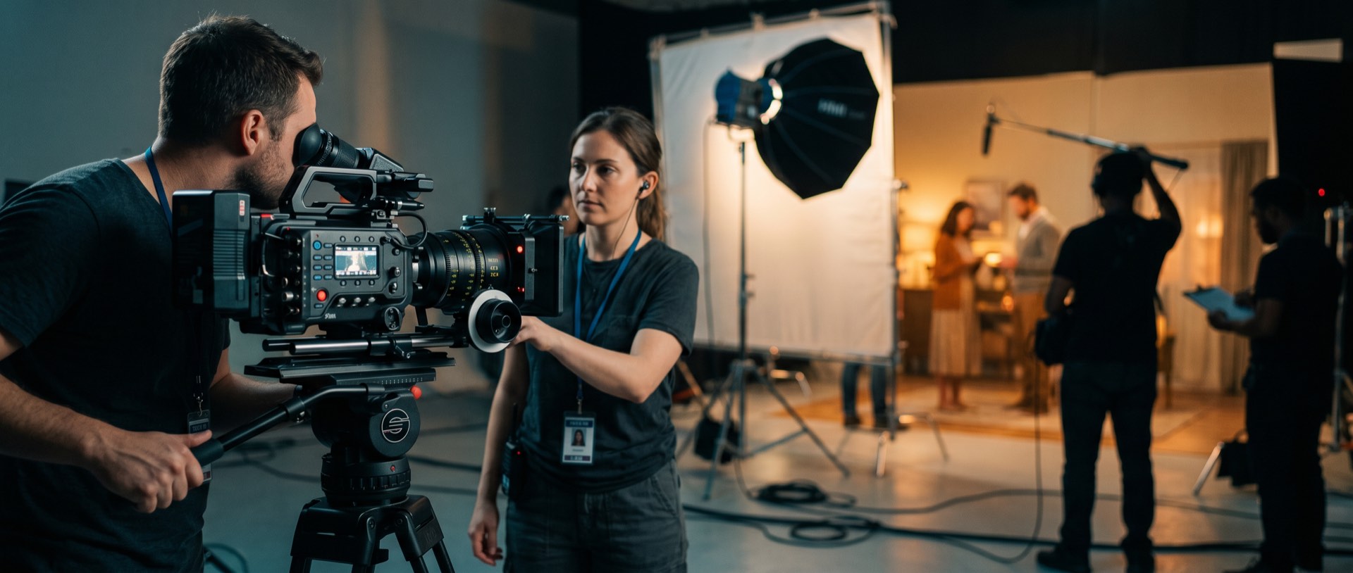 Film crew on set with a professional ARRI cinema camera