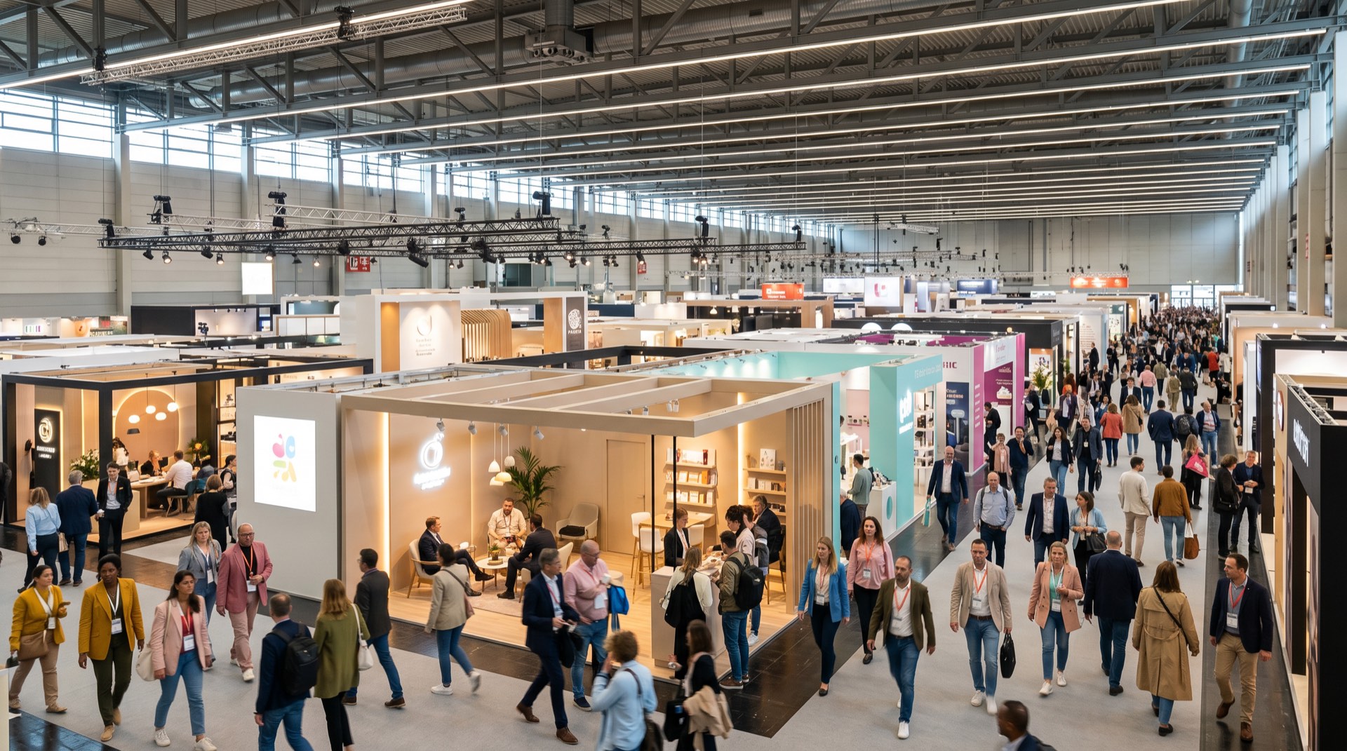 Messehalle der Messe Frankfurt mit Ausstellerständen und Besuchern