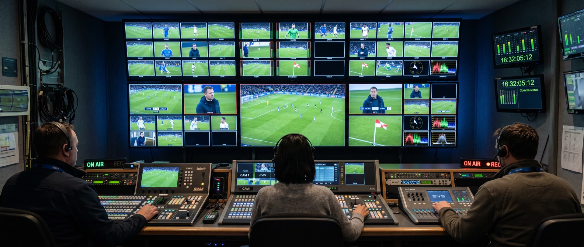 TV-Regiewagen mit Monitorwand und Mischpulten während einer Bundesliga-Übertragung