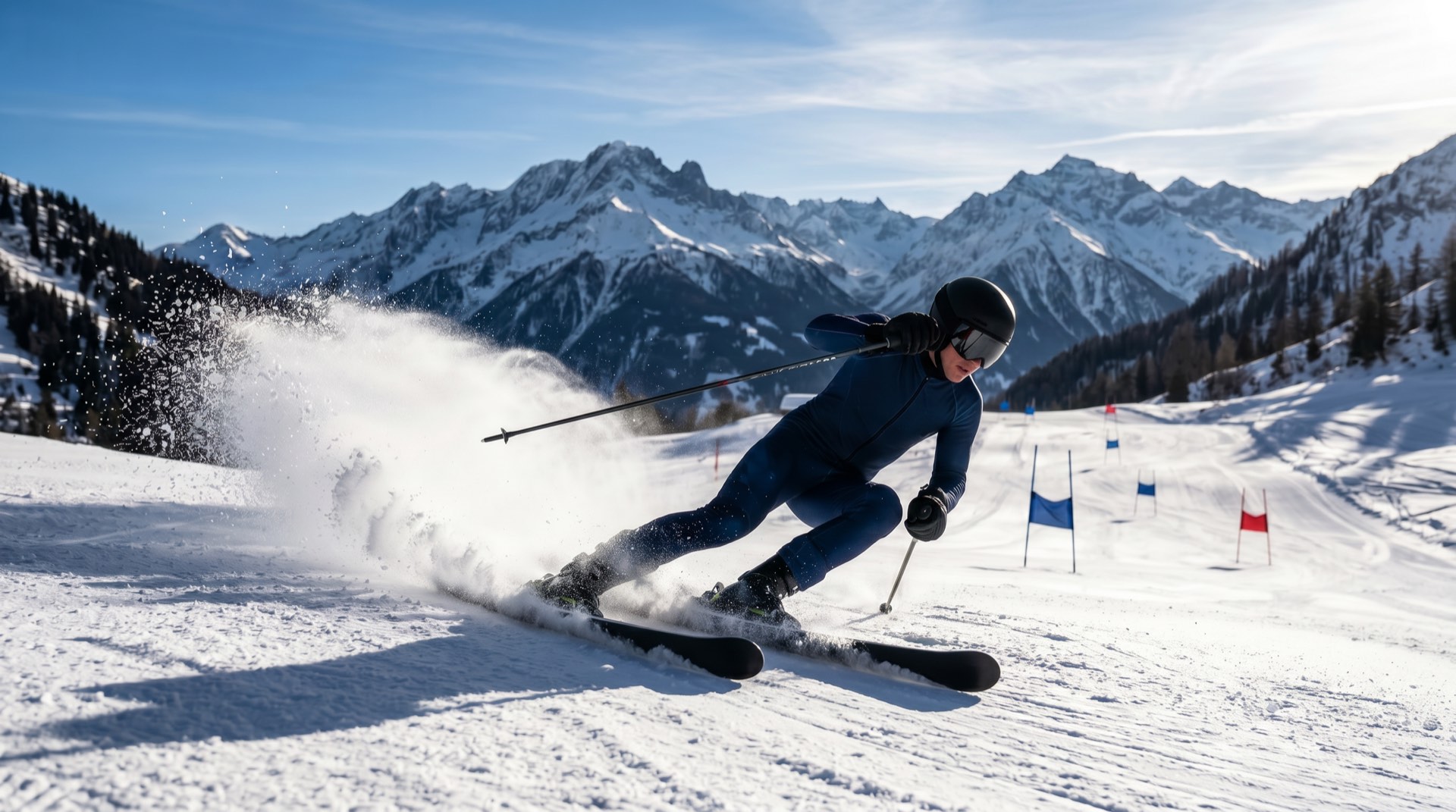 Skirennfahrer im Slalomkurs vor alpiner Bergkulisse